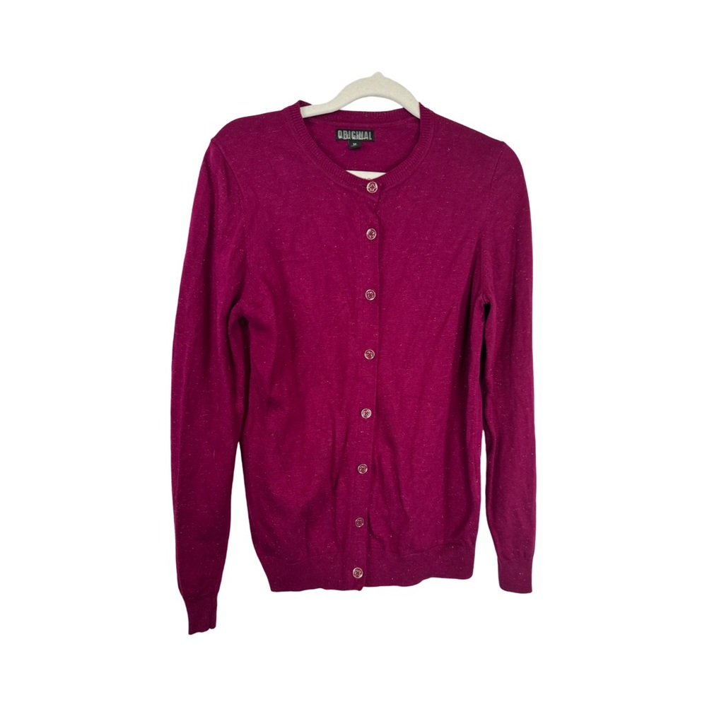 Nicole Miller Women M Cardigan Sweater Cranberry Silver Metallic Preppy Button